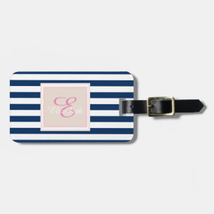 Étiquette À Bagage Bleu marine rayé Monogramme-personnalisé