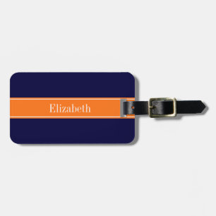 Étiquette À Bagage Bleu marine uni, monogramme avec ruban citrouille
