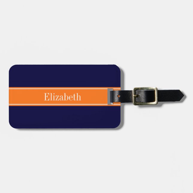 Étiquette À Bagage Bleu marine uni, monogramme avec ruban citrouille (Devant horizontal)