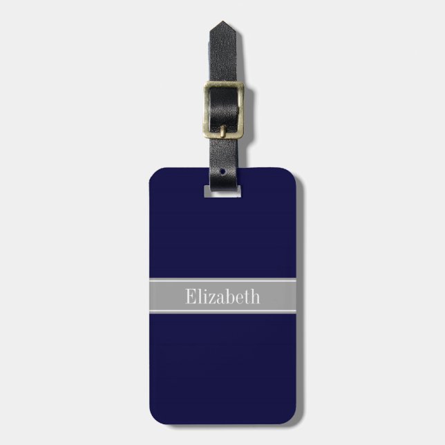 Étiquette À Bagage Bleu marine uni, monogramme avec ruban gris foncé (Devant Vertical)