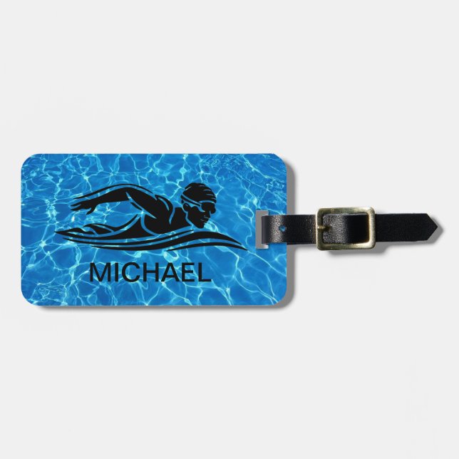 Étiquette À Bagage Bleu Noir Piscine Eau Personnalisée (Devant horizontal)