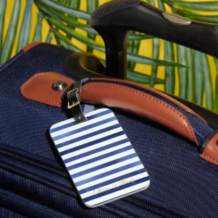 Étiquette À Bagage Bleu Nuit & Rayures Blanches Design Naval Côtier