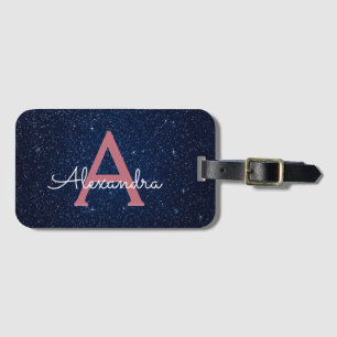 Étiquette À Bagage Bleu Nuit & Rose Gold Paillettes Monogramme
