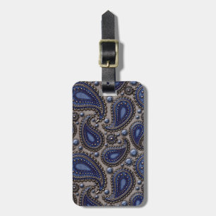 Étiquette À Bagage Bleu orné de bijoux et gris de Paisley