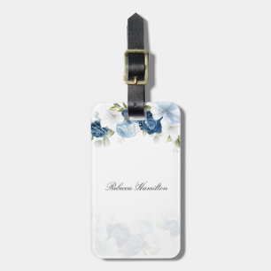 Étiquette À Bagage Bleu Poussiéreux Aquarelle Floral Script Personnal