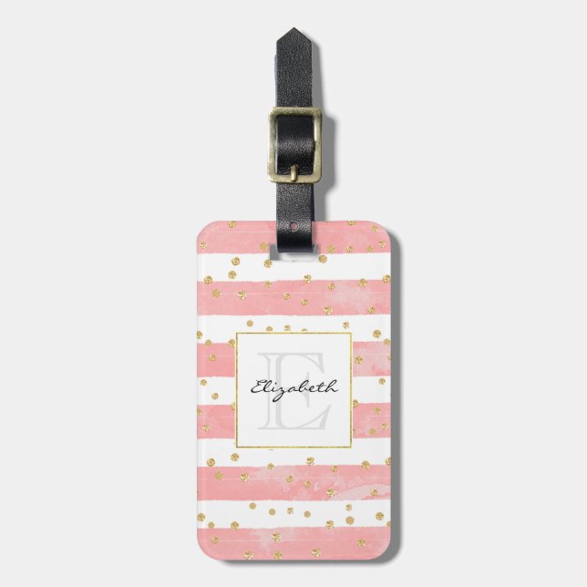 Étiquette À Bagage Bleu rose et Faux Or Confetti Monogramme (Devant Vertical)