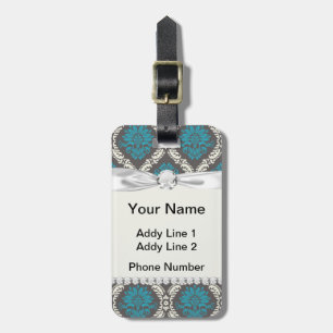 Étiquette À Bagage bleu turquoise crème et marron joli damassé