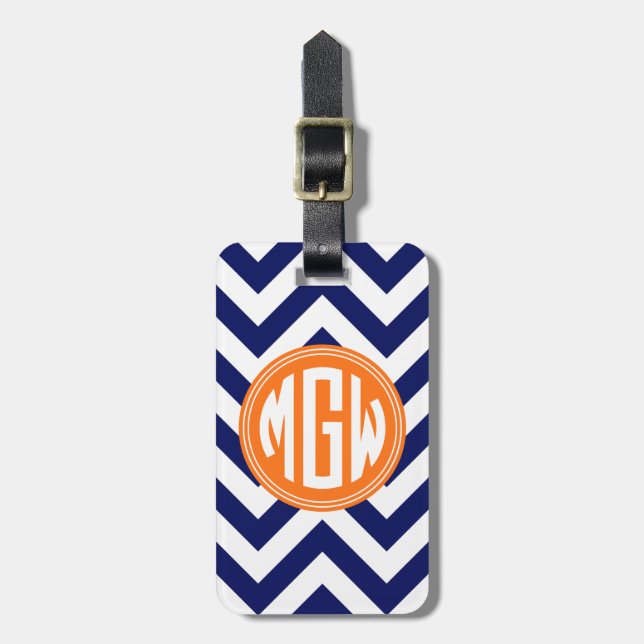 Étiquette À Bagage Bleu Wt LG Chevron Orange Cercle Monogramme Fond D (Devant Vertical)