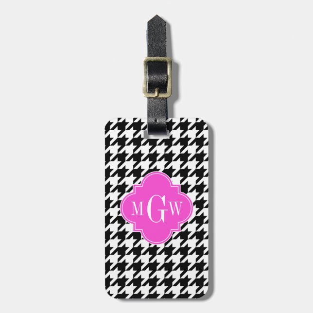 Étiquette À Bagage Blk Wht Houndstooth Hot Rose Quatrefoil 3 Monogram (Devant Vertical)