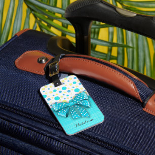 Étiquette À Bagage Blue and Yellow Polka Dots, Turquoise Blue Ribbon