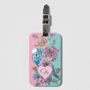 Étiquette À Bagage Blue Budgie Aquarelle florale Girls Rose Aqua