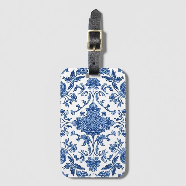 Étiquette À Bagage Blue Floral Chinoiserie White Watercolor (Devant Vertical)