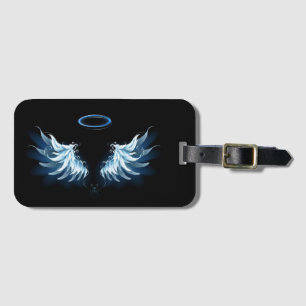 Étiquette À Bagage Blue Glowing Angel Wings on black background