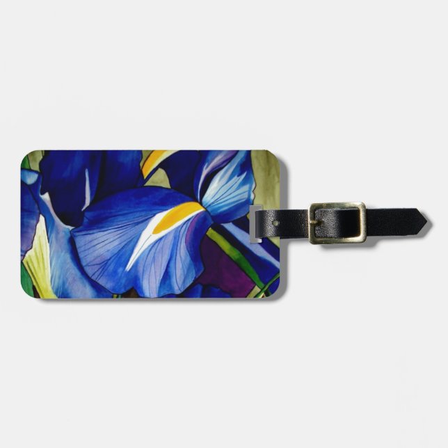 Étiquette À Bagage Blue Iris fleurs d'aquarelle d'art (Devant horizontal)