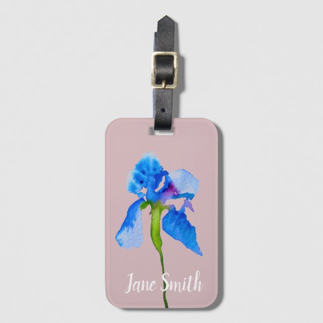 Étiquette À Bagage Blue Iris moderne aquarelle florale art (Devant Vertical)