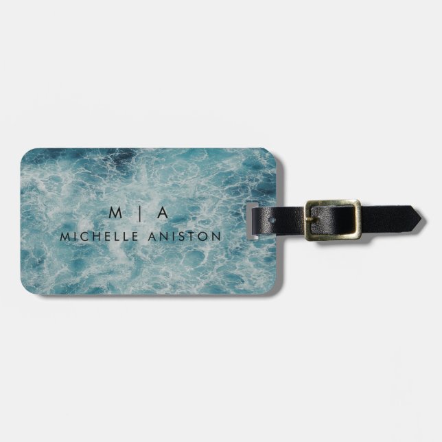 Étiquette À Bagage Blue Ocean Summer Beach Waves Monogramme Personnal (Devant horizontal)