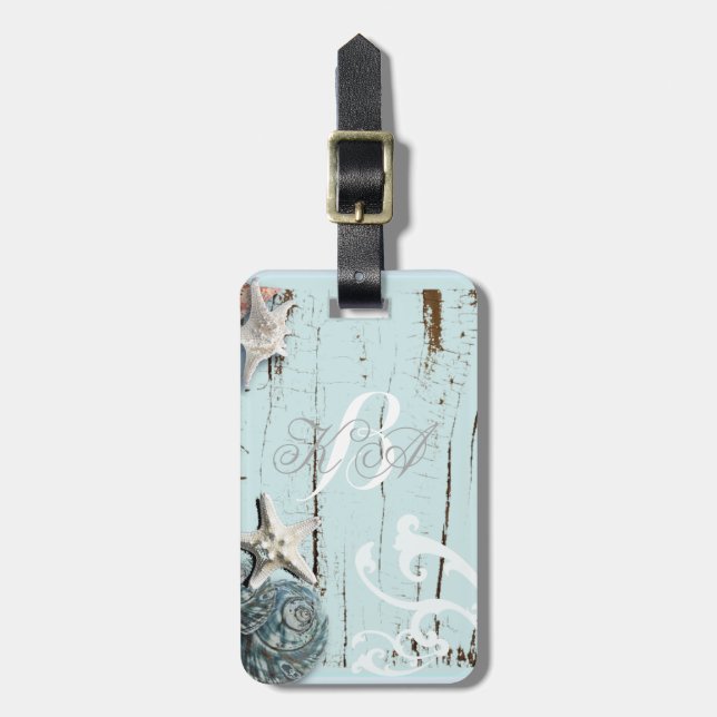 Étiquette À Bagage BLue Seashells Beach Mariage (Devant Vertical)