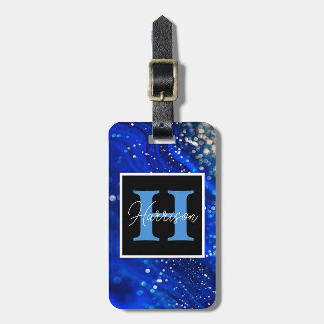Étiquette À Bagage Blue Shimmer Name & Monogram  (Devant Vertical)