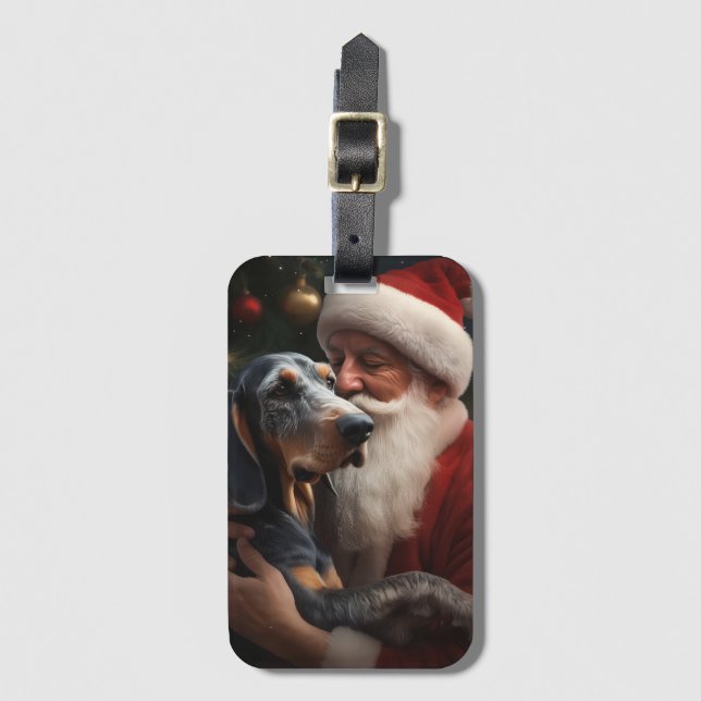 Étiquette À Bagage Bluetick Coonhound avec le Père Noël Noël (Devant Vertical)