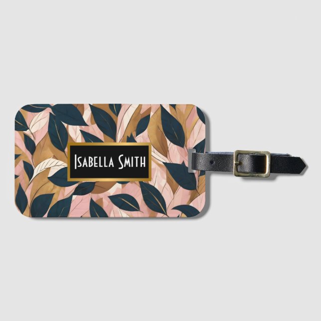 Étiquette À Bagage Blush Pink Gold Boho Collection Feuille tendance (Devant Horizontal)