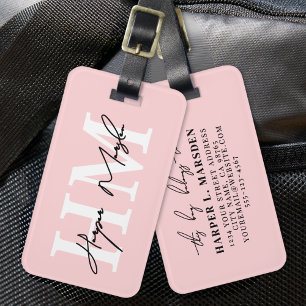 Étiquette À Bagage Blush Rose Élégant Nom Monogramme Féminin