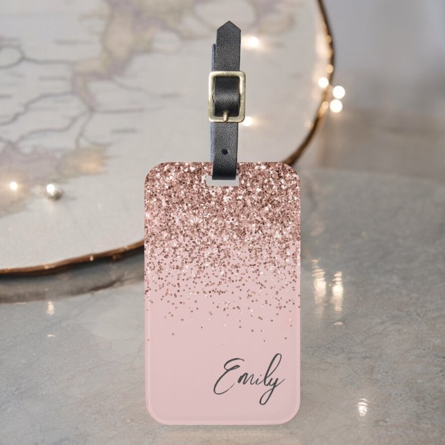 Étiquette À Bagage Blush Rose Gold Fleurs Pailletées Monogramme (Créateur téléchargé)