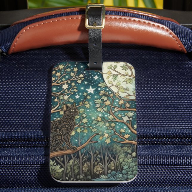 Étiquette À Bagage Boho cat starry night sky woodland forest (Insitu Rectoal 2)