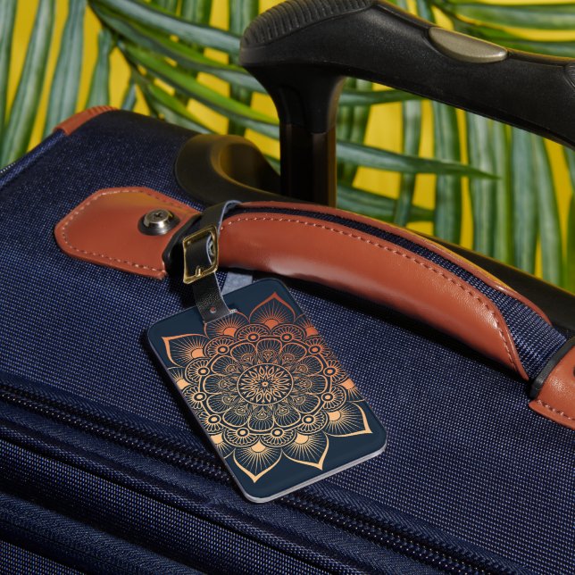 Étiquette À Bagage Boho Navy Blue Peach Mandala (Insitu Rectoal 1)