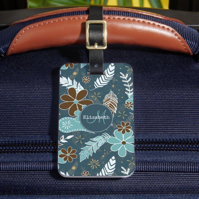 Étiquette À Bagage Boho plumes doodle fleurs turquoise turquoise brun (Insitu Rectoal 2)