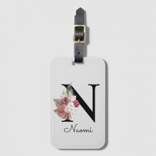Étiquette À Bagage Boho rose monogramme Floral initial N