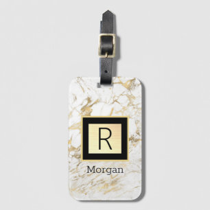 Étiquette À Bagage Boîte dorée avec marbre blanc/or et cadre noir, mo