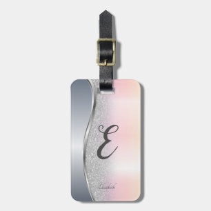 Étiquette À Bagage Bokeh élégant moderne argent paillettes, monogramm