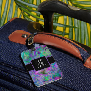 Étiquette À Bagage Bokeh en marbre violet, vert et bleu fluidisé