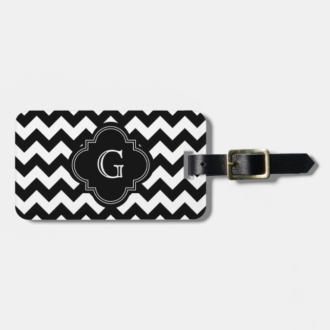 Étiquette À Bagage Bold Black White Chevron Zig Zag Pattern Monogram (Devant horizontal)