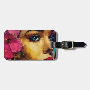 Étiquette À Bagage Bold Pink Hibiscus et femme Portrait Abstrait