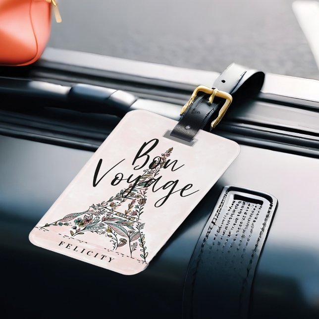 Étiquette À Bagage Bon Voyage | Fleurs florales Paris Tour Eiffel (Bon Voyage | Floral Flowers Paris Eiffel Tower Luggage Tag)