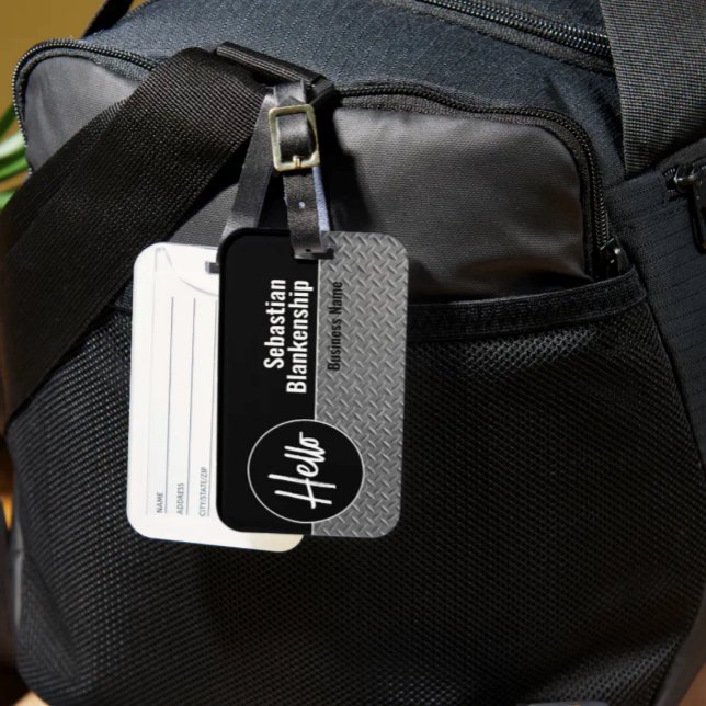 Étiquette À Bagage Bonjour Faux Plaque Diamantée Professionnel (Black and faux diamond plate luggage tag template)