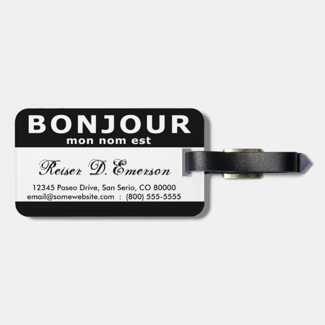 Étiquette À Bagage BONJOUR mon nom est (noir) (Dos horizontal)