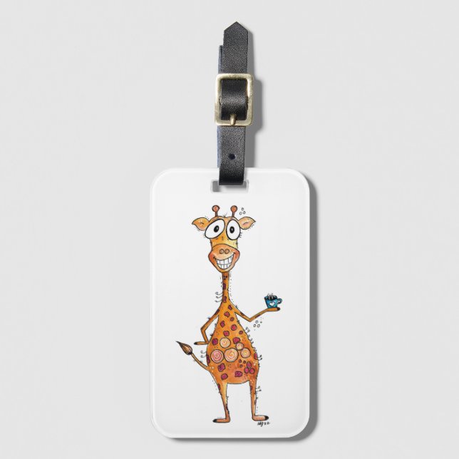 Étiquette À Bagage Bonne Giraffe Whimsical Boire Café (Devant Vertical)