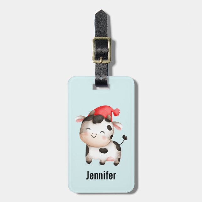 Étiquette À Bagage Bonne vache dans un Casquette rouge mignon (Devant Vertical)