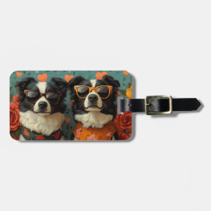 Étiquette À Bagage Border Collie aux roses du cœur pour la Saint-Vale