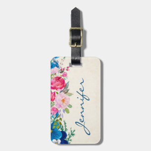 Étiquette À Bagage Border Pretty Pink et Blue Flower