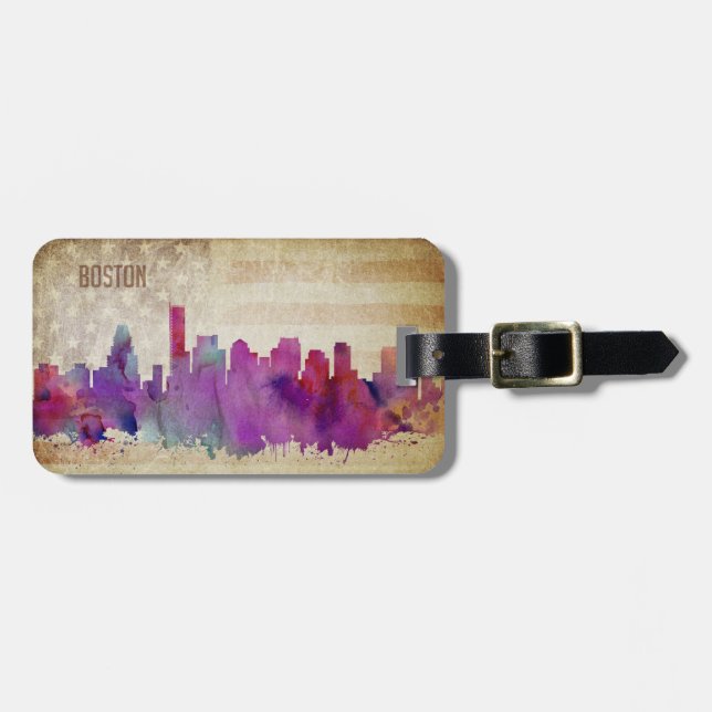 Étiquette À Bagage Boston, horizon de ville d'aquarelle de mA | (Devant horizontal)