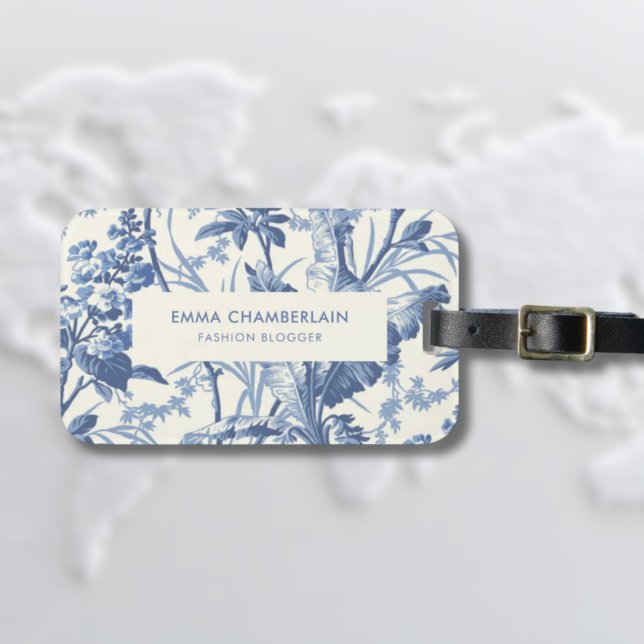 Étiquette À Bagage Botanique Bleu et Blanc Chinoiserie Personnalisé (Blue and White Floral Luggage tag with vintage and feminine style)