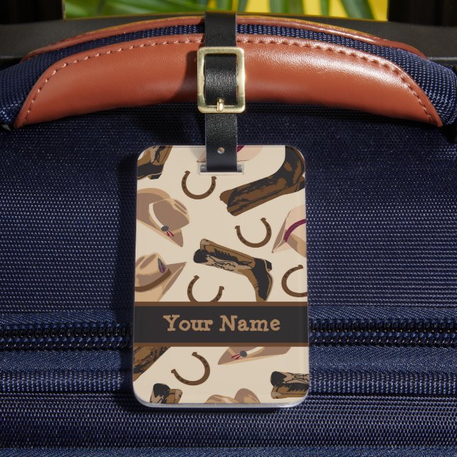 Étiquette À Bagage Botte Casquette Western Cowboy Nom Beige Noir (Insitu Rectoal 2)