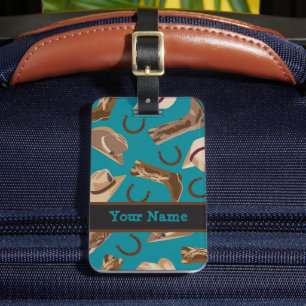 Étiquette À Bagage Botte Casquette Western Cowboy Turquoise Blue Nom