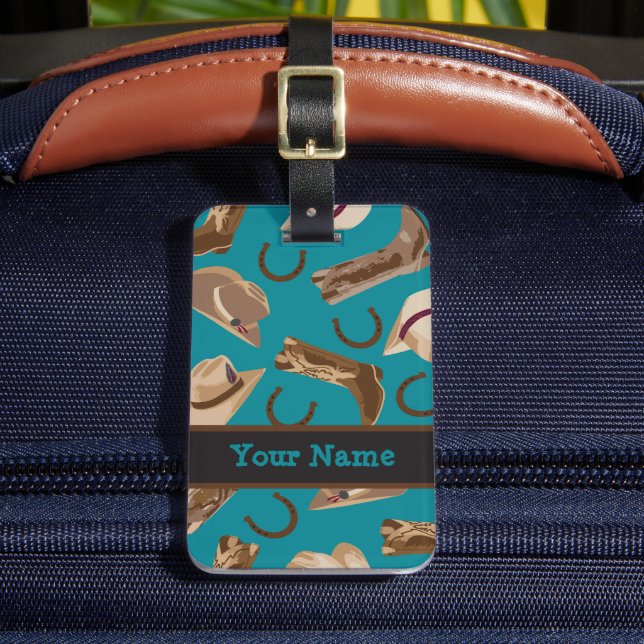 Étiquette À Bagage Botte Casquette Western Cowboy Turquoise Blue Nom  (Insitu Rectoal 2)