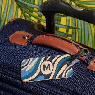 Étiquette À Bagage Boucles ondulées Motif abstrait rétro Bleu initial