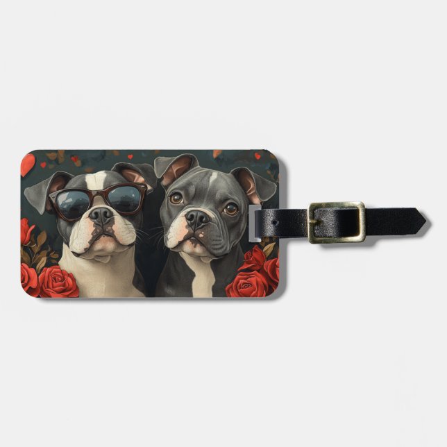 Étiquette À Bagage Bouledogue avec roses de la Saint-Valentin (Devant horizontal)