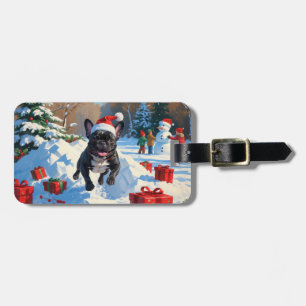 Étiquette À Bagage Bouledogue Français Noir Scène de Noël Festive sou